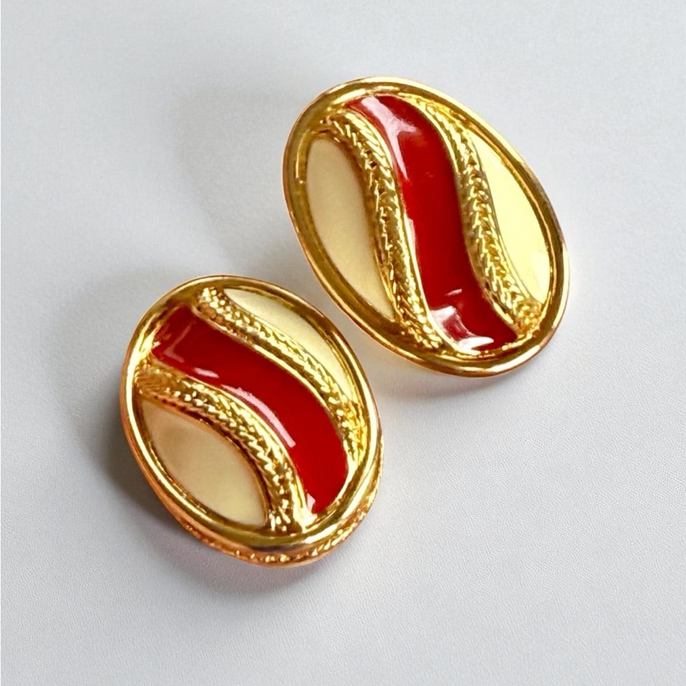 Vintage Monet Red & Cream Enamel Swirl Pierced Post Earrings